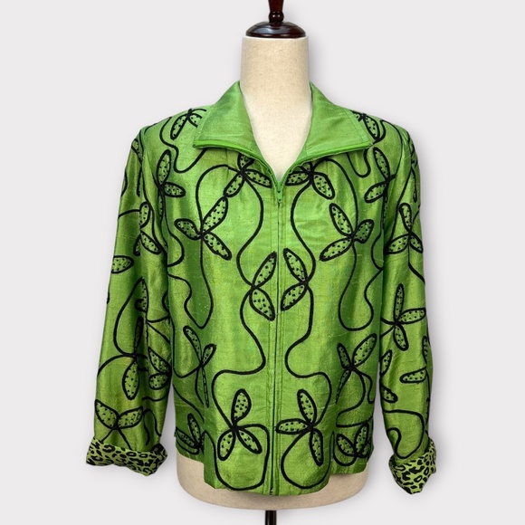 VINTAGE 90s Anage 100% Silk Women Jacket Blazer Embroider Green Christmas SMALL - Picture 4 of 16